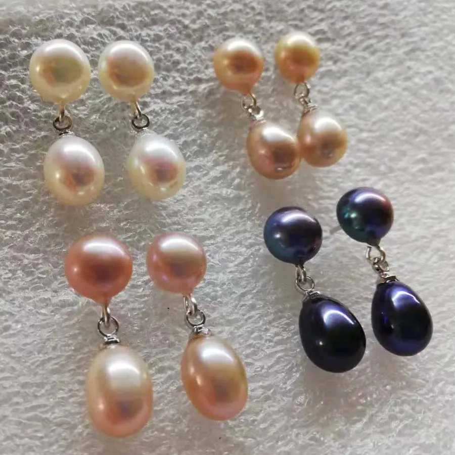 

4Qty 7-8mm freshwater pearl earring studs women charm dangle jewelry s925