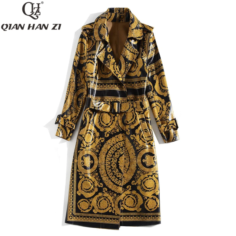 

Qian Han Zi Newest Autumn Runway Fashion Long coat Women Long sleeve vintage pattern print belt Bright leather trench coat