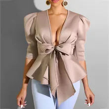 Женская блузка, Офисная Мода, элегантная женская рубашка, плиссированные блузы, сексуальный v-образный вырез, бант, дизайнерская Клубная одежда, осень размера плюс, топы