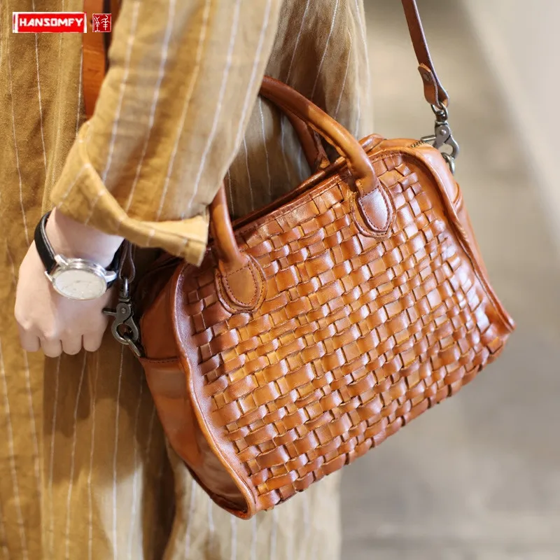 

Literary retro hand-woven women's bag original ethnic first layer cowhide leather handbag big bag shoulder diagonal package bags