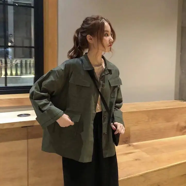 

Photo Shoot 2019 Most New Style South Korea Loose-Fit Solid Color Fold-down Collar Buckle Pocket Long Sleeve Workwear Coat
