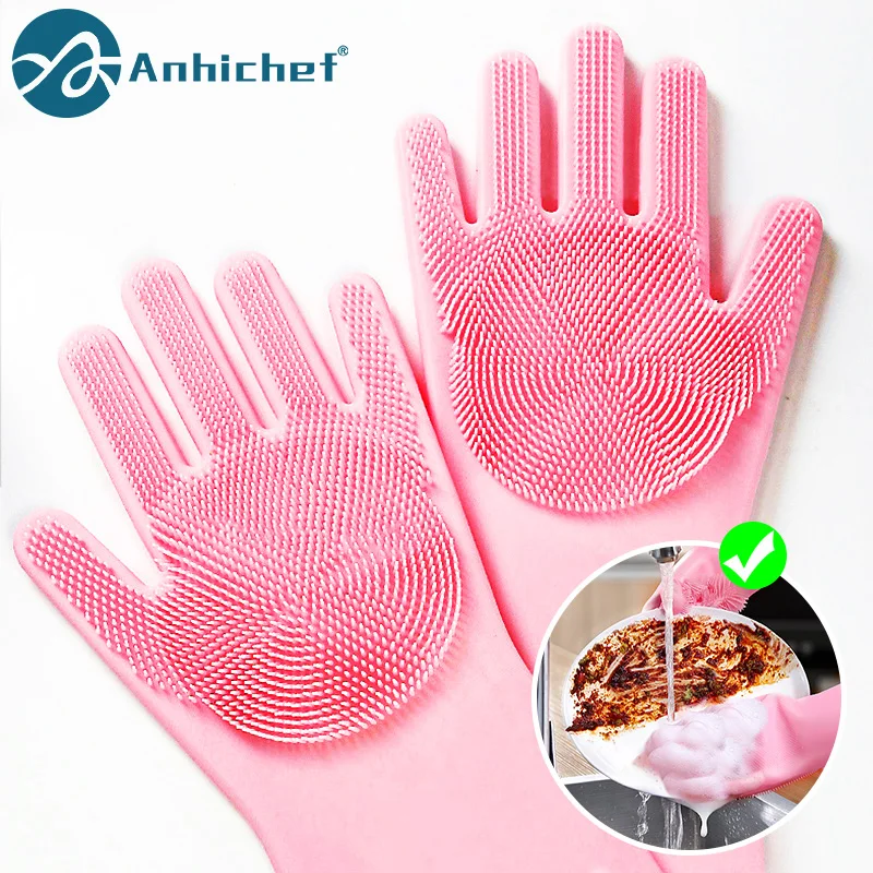 1 pair Magic Silicone Dishwashing Sponge Scrubber Rubber  Gloves Kitchen Tool 
