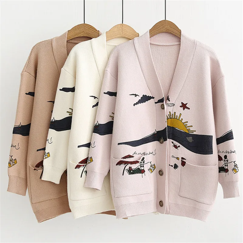

Cardigan Sweater Women's Autumn And Winter New Loose Cute Print Joker Long Sleeve Women's Knitted Jacket Sweaters Oversize 2020