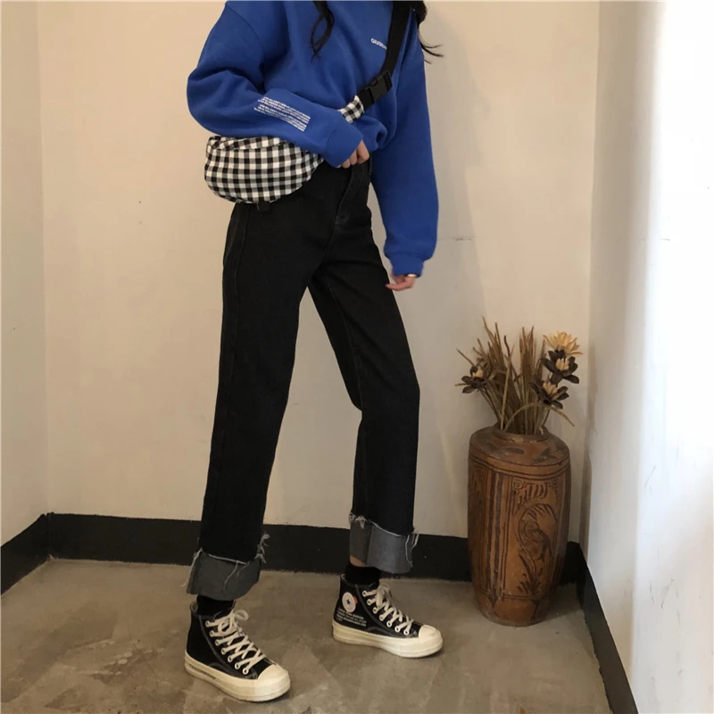Джинсы женские элегантные уличные Ulzzang универсальные Harajuku Высокая талия корейский стиль Свободные Студенческие женские брюки шикарные повседневные