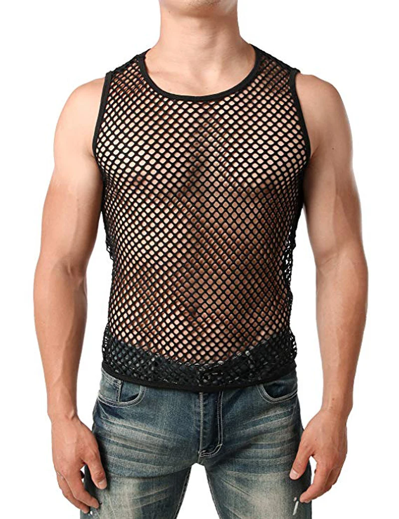 Men Muscle Mesh Fishnet See-through T-shirt Vest Tank Top Singlet Tee Clubwear