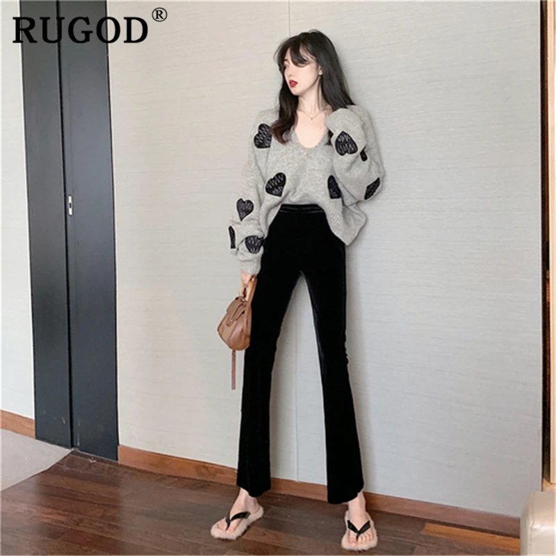 RUGOD Vitnage hearted printed women sweater Fashion V neck soft knitted sweaters female new Casual auturm winter loose coat