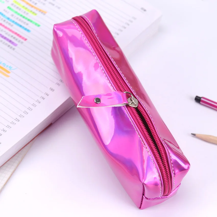 1 шт. ПУ лазерные модные карандаши сумки на молнии карандаши случае прочные канцелярские принадлежности ручка коробка Escolar Papelaria - Цвет: Rose Red