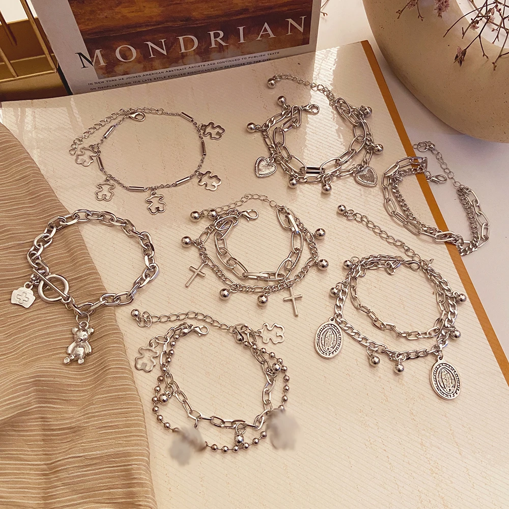 Punk Women Silver Color Thick Chain Charm Bracelet Fashion Cross Love Heart Bear Metal Pendant Jewelry Gift | Украшения и