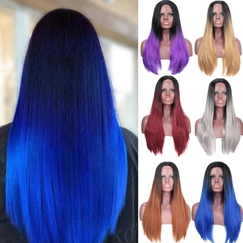 

DIANQI Ombre Blue Long Straight Synthetic Wigs for Black Women Pink Wigs Can Be Cosplay Wigs