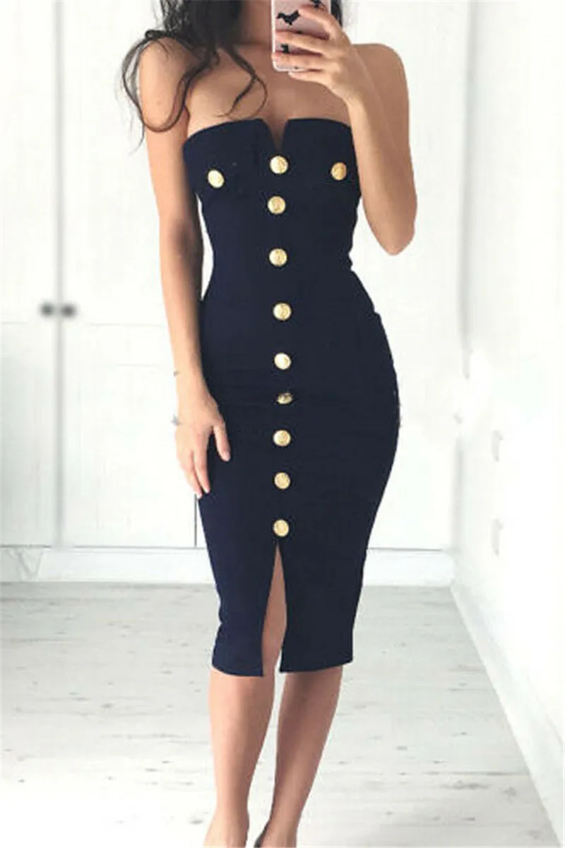 Stylish Womens Off-shoulder Slash-neck Strapless Button High-waist Bustier Sleeveless Slim Fit Dress Lady Party Ball Dress S-XL