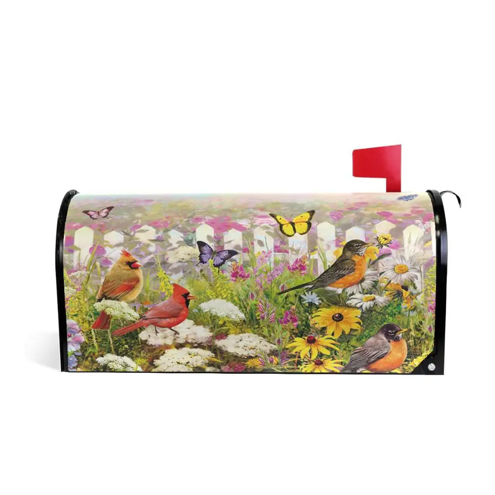 כיסוי תיבת דואר מגנטי עמיד למים עם פרחים וציפורים בגינה חמודה