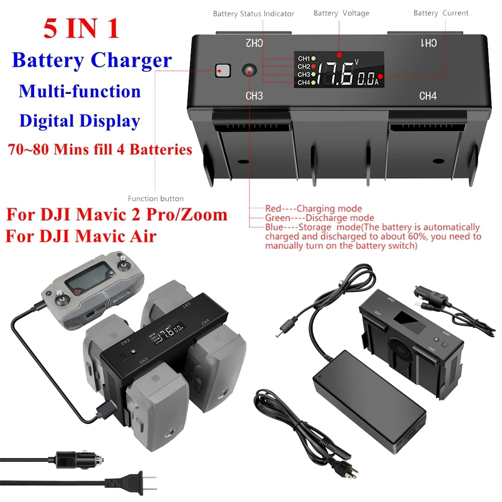 Cheap Offer for  5IN1 Multi-function Home Car Battery Balance Charger Hub Digital Display Adapter for DJI Mavic 2 Pr