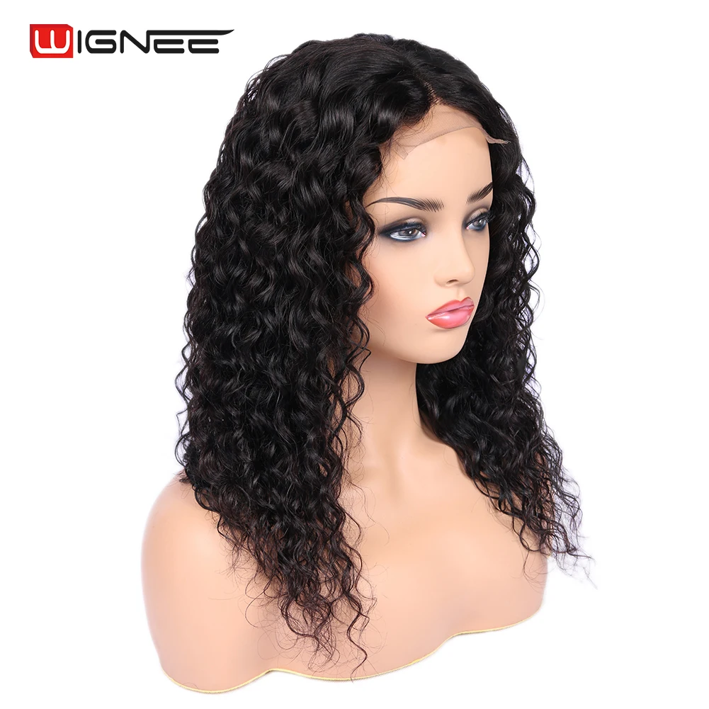 Fechamento do Laço Profundas do Cabelo Humano da Peruca para as Mulheres Wignee Perucas Encaracoladas Negras Onda Profunda 4x4 Glueless Peruca Prelucked Hairline 3 Wignee fechamento do laço perucas encaracoladas profundas