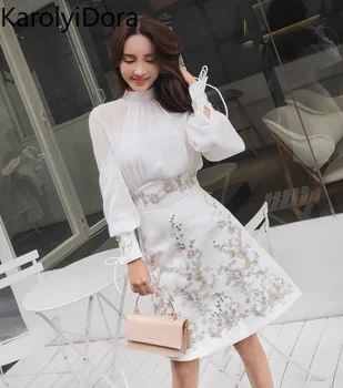 

Newest Fashion Runway 2020 Suit Set Women's Long Sleeve womens Blouse+High waist embroidery beading 2 piece Skirt Set