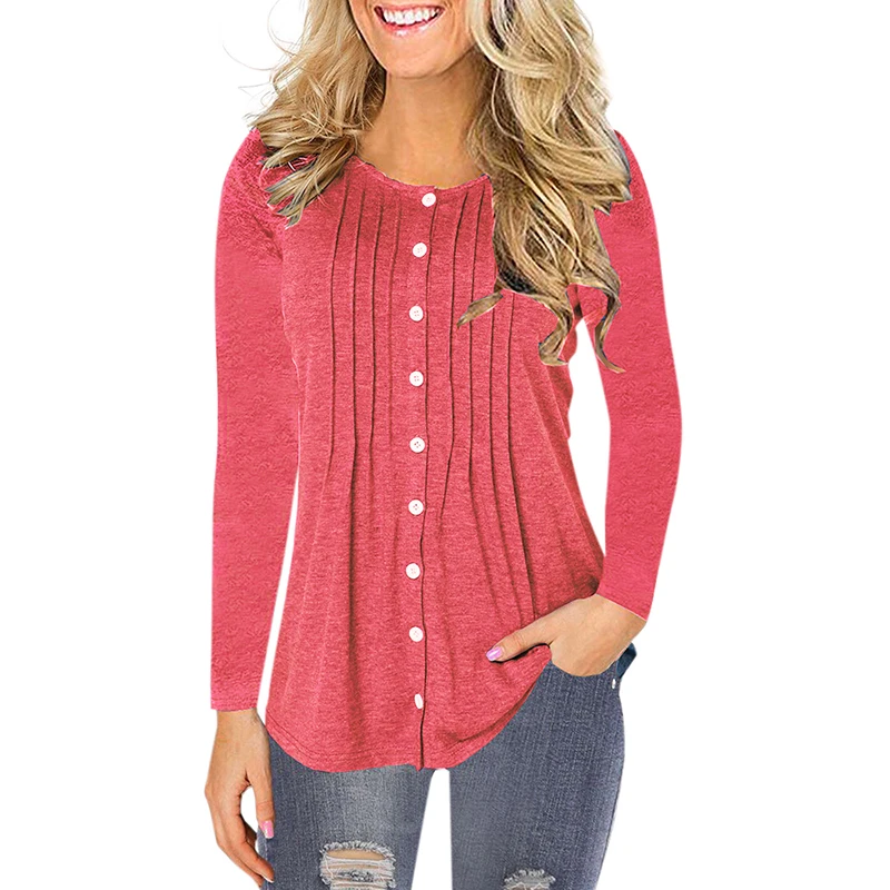 

Women New Fashion Plus Size Blouse Plain Color Button Fastening Pleated Round Neck Long Sleeve Casual T-shirt 2019