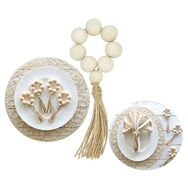 12Pcs Wood Bead Napkin Rings with Tassels Rustic Farmhouse Wood Beads Garland Wall Hanging Decor Weddings Home Decor 4