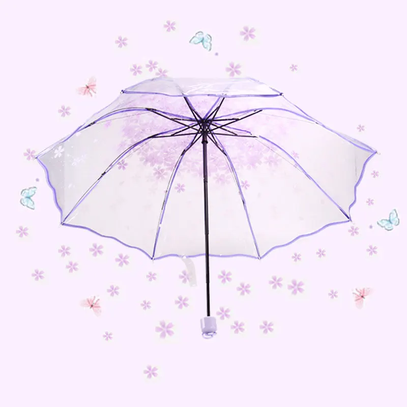purple Зонт для девочки Мини Женский прозрачный зонт Креативный дизайн Аполлон Вишневый Цветок Складной женский ветрозащитный для девочек художественный Зонтик Свадебный декор - Цвет: purple