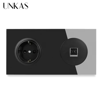 

UNKAS Crystal Tempered Glass Panel EU Standard Wall Socket RJ11 Telephone Connector Phone Jack Socket Knight Black