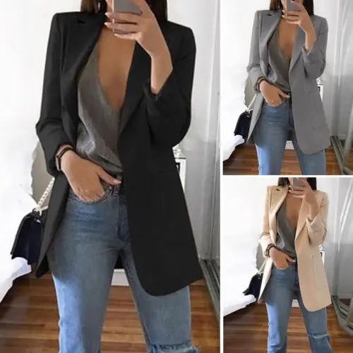 Ladies Solid Long Sleeve arrival Lapel Notched Slim Cardigan Outdoor Blazer Women Casual OL Blazers Coat