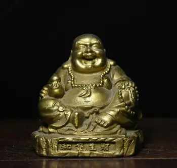 

China Buddhism Pure Copper Brass Happy Laughing Maitreya Buddha Figurine Statue
