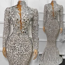 

African Sequins Evening Dresses Long Sleeves Mermaid Women Formal Party Dress Sparkly Beaded High Neck Prom Gowns