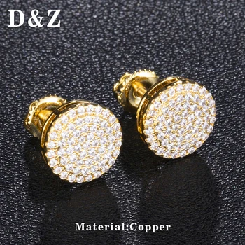 

D&Z Copper with Full Iced Out Bling Zircon Round Earrings Micro Paved CZ Geometric Studs Earring For Men's Hip Hop