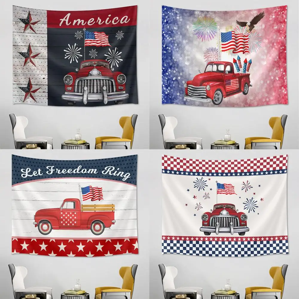 

Red Retro Car American Flag Tapestry Wall Hanging USA Stars and Stripes Flag Fireworks Independence Day Dorm Decor Bedspread