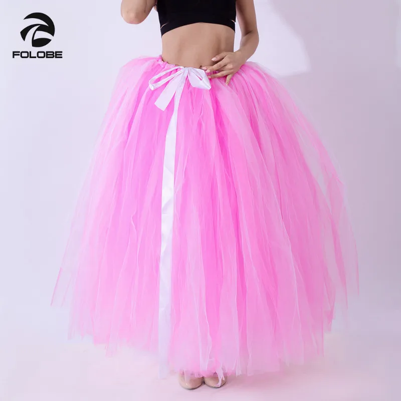 pink white FOLOBE/Женская пышная балетная пачка, юбки 100 см, длинные фатиновые юбки с сатиновой юбкой-саше подружки невесты, юбка-оверюбка Лолита, рождественский подарок для девочки - Цвет: pink white