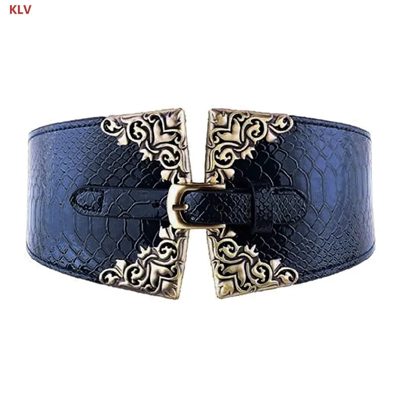 Lady Women Elastic Waistband Faux Leather Wide Waist Belt Retro Metal Buckle DXAA - Цвет: Синий