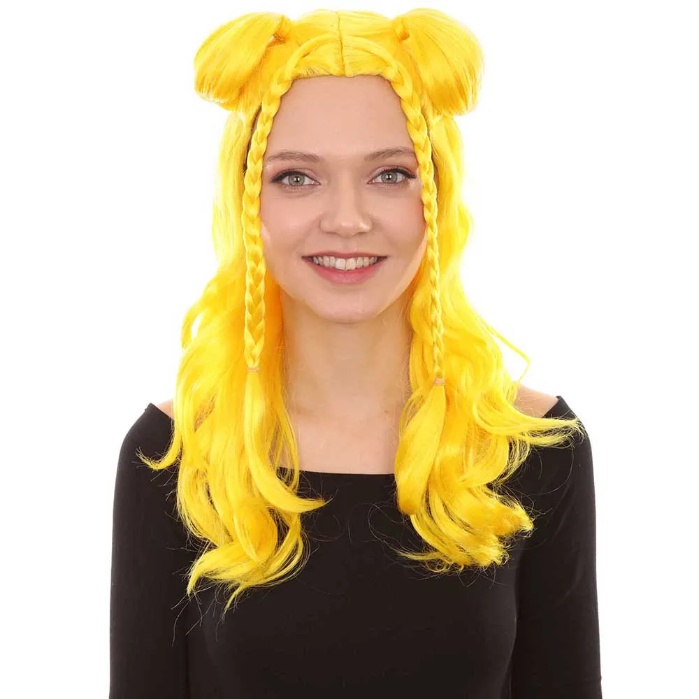 

HPO Synthetic Bright Yellow Long Braided Wig with Two Buns Cosplay Wigs Fancy Dress Costume Masquerade Anime Halloween Party