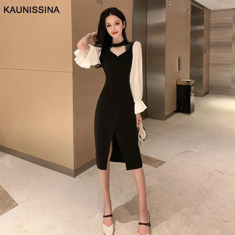 Черный KAUNISSINA, винтажное платье, женское коктейльное платье, платье с длинным рукавом, длина по колено, платья для выпускного вечера, корейское платье - Цвет: Черный