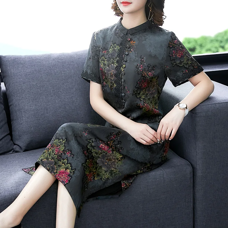 

2020 Spring And Summer Silk Dress Women's Mid-length Nobility Retro Stand Collar Middle-aged Kuotaitai sang can si qun