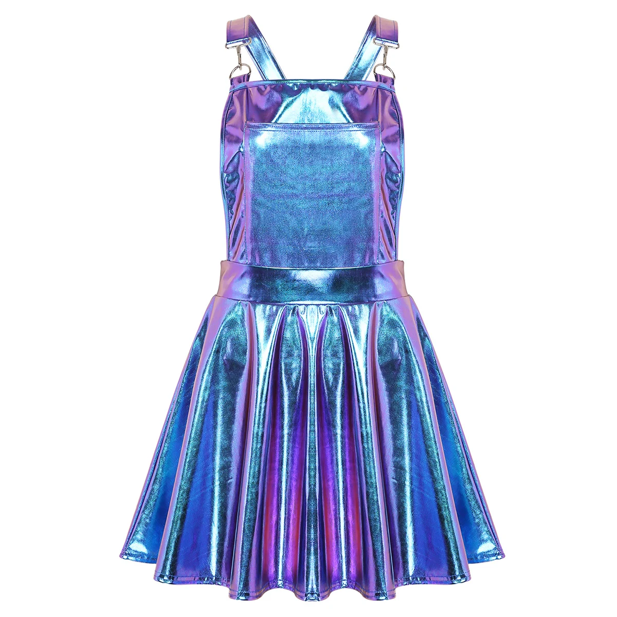 Womens Shiny Metallic Bib Overall Pinafore Prom Dress Rave Costumes Night Club Singer Dancewear Braces Mini Suspender Dresses