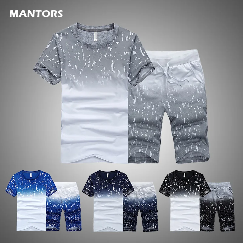 Chándal estampado de verano para hombre, Conjunto de camiseta ajustada + pantalón corto, conjunto de 2 piezas, traje deportivo, 2021