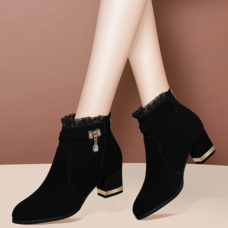 

Gold Lines Rabbit Man-made Diamond Chunky-Heel Short Boots Women's 2019 Autumn & Winter New Style Martin Boots plus Velvet Boots