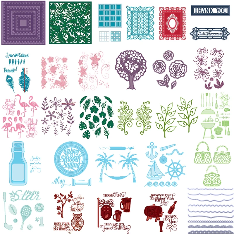 

Cutting Dies Set Various Stitched Frame Matrix Words Frond Trees Flowers Cookware Drinkware Beach Barbecue Scene Wavy Line #20