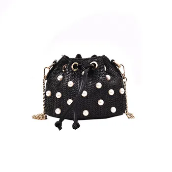 

National Wind Straw bags for women 2020 new luxury handbags Chain Woven Shoulder Bag Pearl Messenger Bag 2020 black female pouch