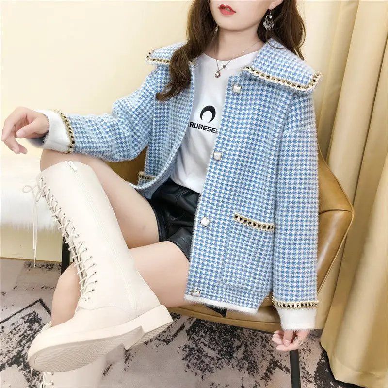 

Graceful Imitation Mink Short Coat Sweater Women's New Non-Lint Double-Sided Velvet Houndstooth Woolen Knitted Cardigan