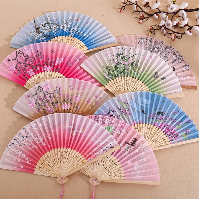 Vintage Chinese Style Spun Silk Folding Fan Japanese Plain Pattern Art Craft Gift Home Decoration Ornaments Dance Hand Fan