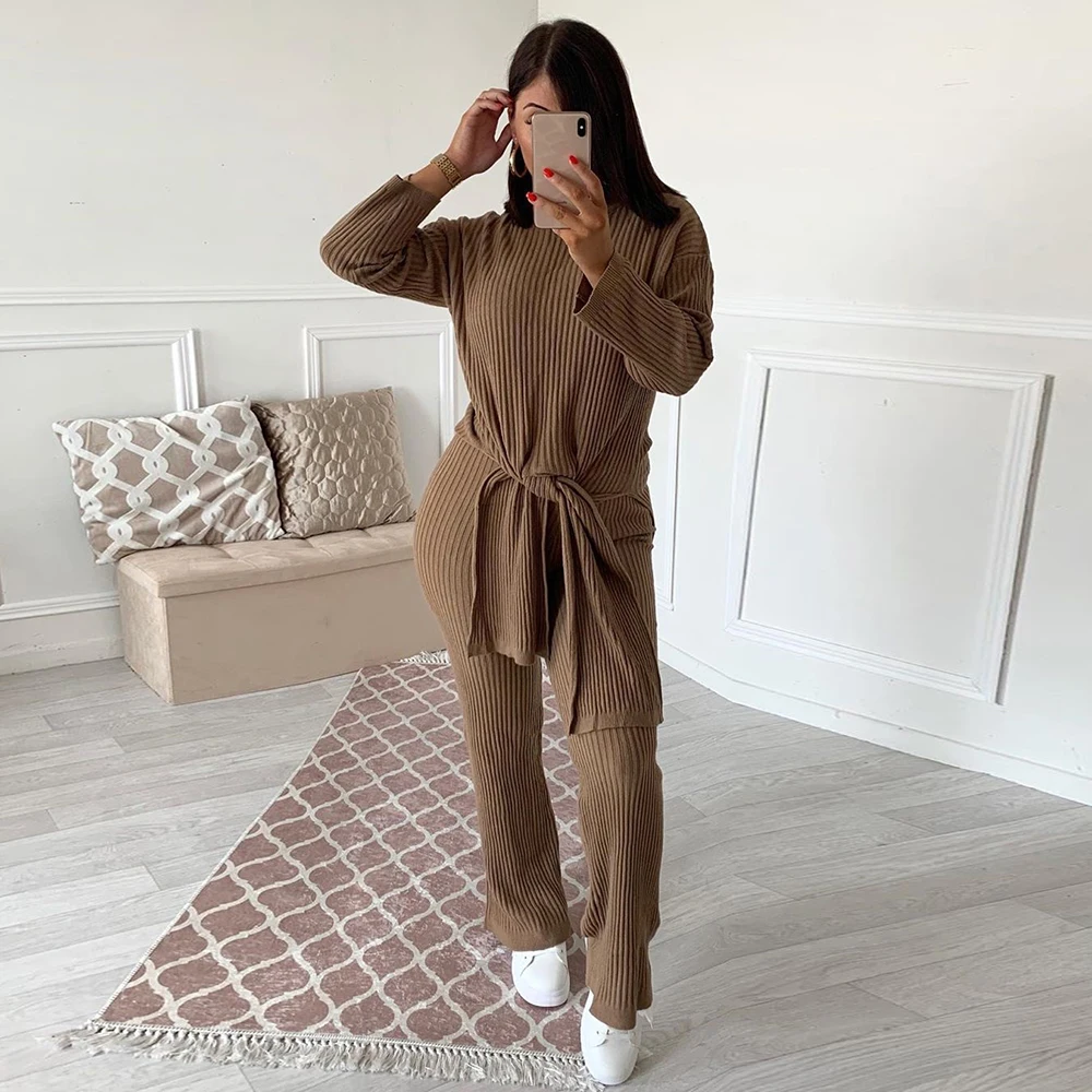 

Knited Tracksuit Women Winter Soft Long Sleeve Sweater Suits Belt waist Wide Leg Pants Loose Workout Clothing Female D30