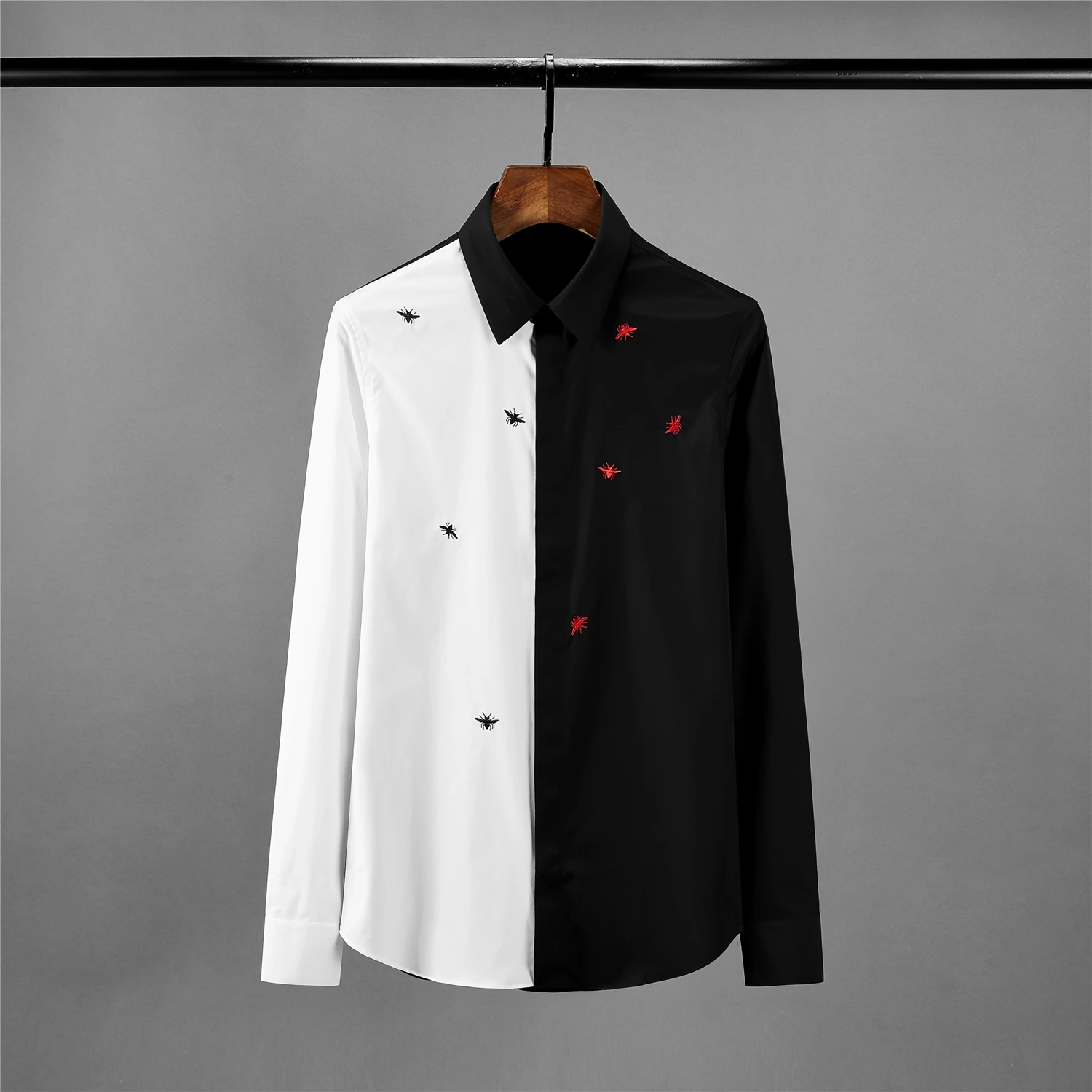 Minglu черные белые мужские рубашки Роскошные с вышивкой пчелы длинным рукавом