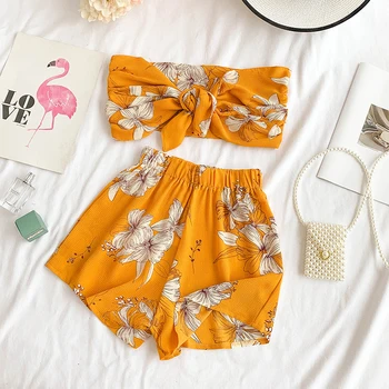 

sexy women sets beach style holiday printed chiffon vest and wide leg shorts lady sexy shorts suits top quality