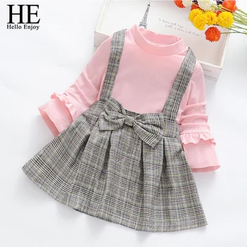 

HE Hello Enjoy Kid Girl Baby Clothes Dress Knitting Long Sleeve T shirt Tops Lattice Princess Dress Soft Autumn Girl Costumes