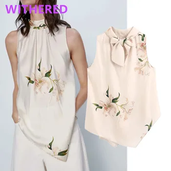 

Withered england floral printing satin bow sleeveless summer blouse women blusas mujer de moda 2020 kimono shirt womens tops