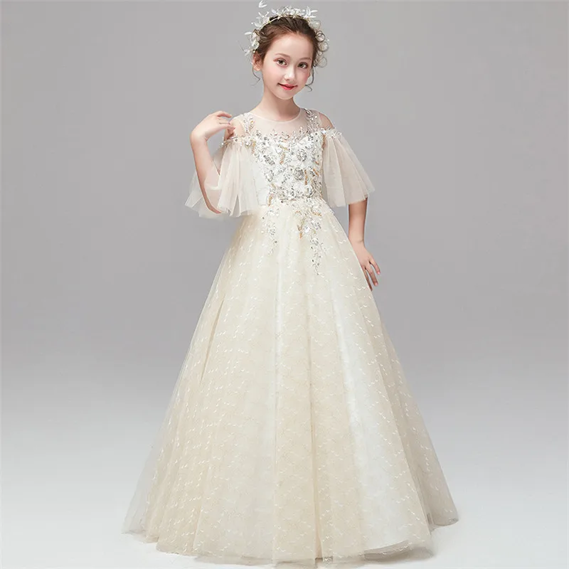 Весенне-летнее элегантное Новое Детское Пышное длинное платье принцессы цвета шампанского на день рождения, свадьбу, вечеринку