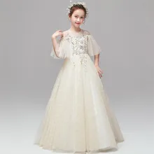 Весенне-летнее элегантное Новое Детское Пышное длинное платье принцессы цвета шампанского на день рождения, свадьбу, вечеринку