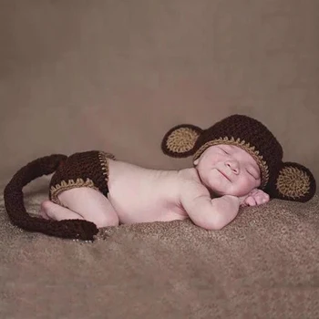 

Baby children's knit photo props hat children cartoon cute little monkey set boy girl newborn hat clothes set