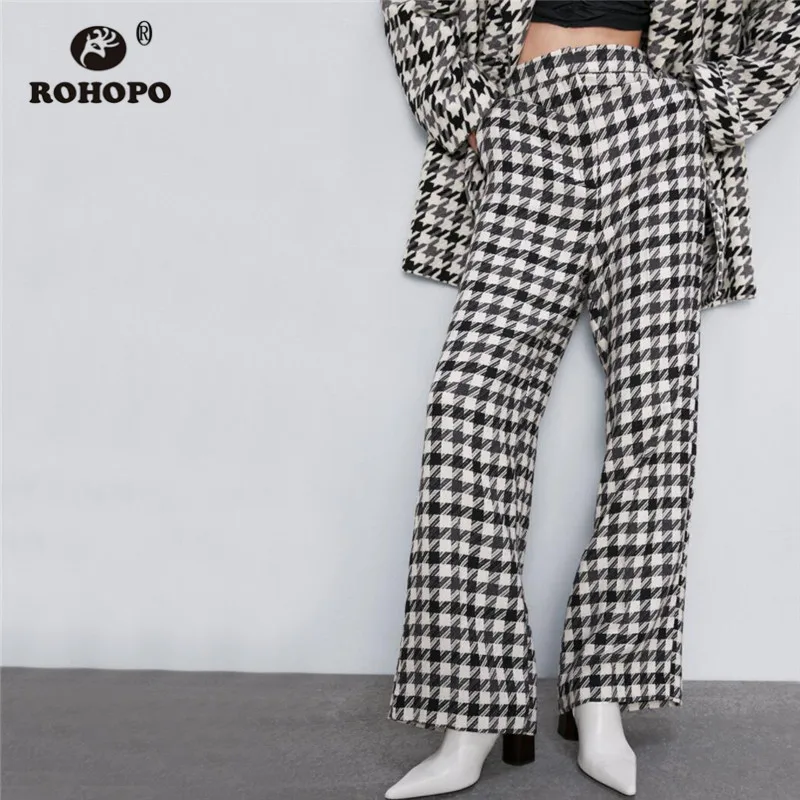 

ROHOPO High Waist Houndstooth Autumn Straight Tweed Pant Thickness Welted Pockets Winter Plaid Full Lenth Bottoms #9152