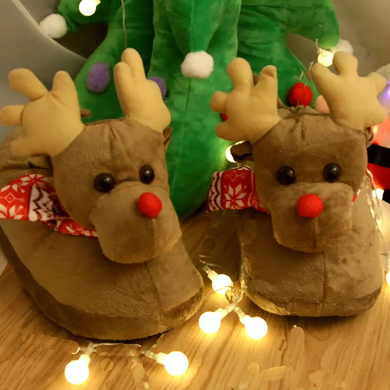 Женские домашние тапочки; милая Рождественская обувь с рисунком оленя; женская зимняя обувь из флока без застежки; Женская Нескользящая домашняя обувь для девочек