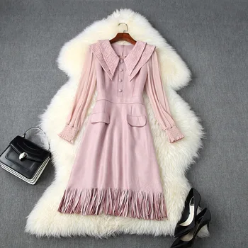 

New 2020 autumn women tassel sexy cute dress embroidery peter pan collar patchwork long sleeve pink dresses blue